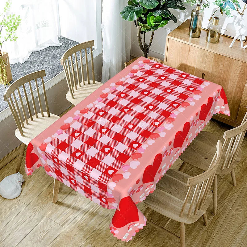 Aperturee - Aperturee Red and Pink Gingham Heart Rectangle Tablecloth Love Letter Envelope Plaid Valentine Picnic Party Decor
