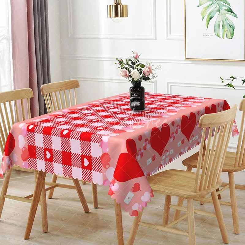 Aperturee - Aperturee Red and Pink Gingham Heart Rectangle Tablecloth Love Letter Envelope Plaid Valentine Picnic Party Decor