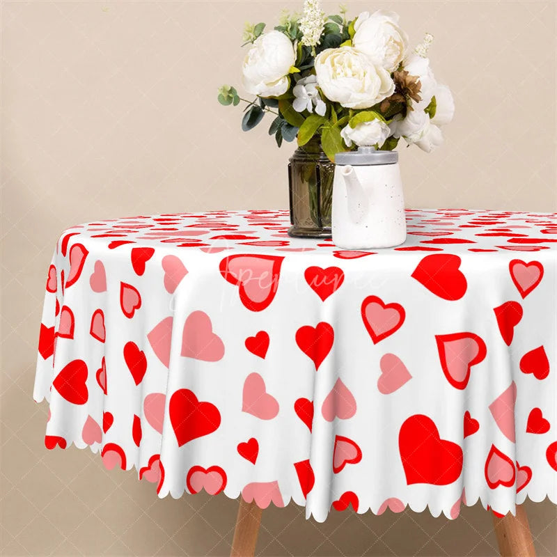 Aperturee - Aperturee Red and Pink Heart Round Tablecloth Colorful Love Pattern Table Cover for Valentine Party
