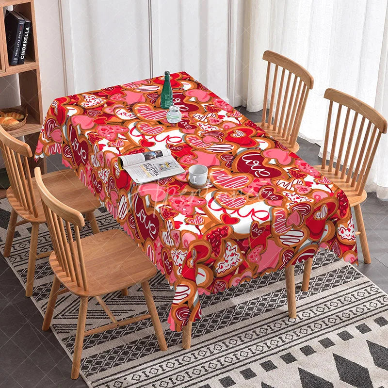 Aperturee - Aperturee Red and Pink Love Heart Cookie Rectangle Tablecloth Sweet Cursive Text Pattern Romantic Valentine Dining Decor