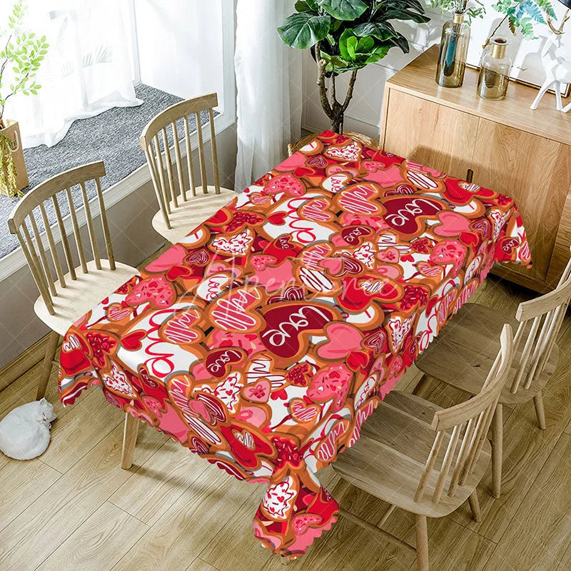 Aperturee - Aperturee Red and Pink Love Heart Cookie Rectangle Tablecloth Sweet Cursive Text Pattern Romantic Valentine Dining Decor