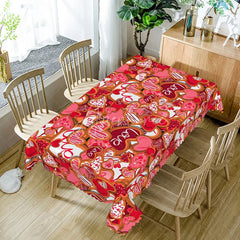 Aperturee - Aperturee Red and Pink Love Heart Cookie Rectangle Tablecloth Sweet Cursive Text Pattern Romantic Valentine Dining Decor