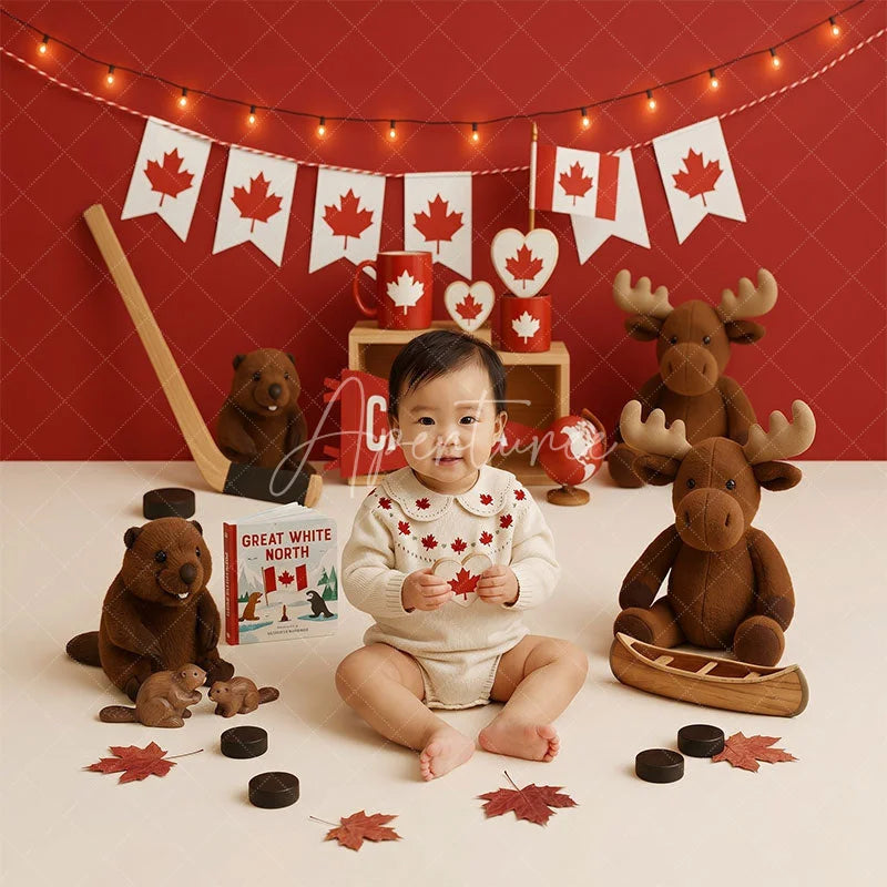 Aperturee - Aperturee Red and White Canadian Maple Leaf Combo Set Backdrop Featuring Beaver Moose Hockey and Canada Pennant