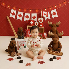 Aperturee - Aperturee Red and White Canadian Maple Leaf Combo Set Backdrop Featuring Beaver Moose Hockey and Canada Pennant