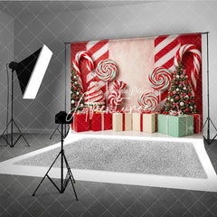 Aperturee - Aperturee Red and White Candy Cane Christmas Tree Holiday Backdrop Sweet Lollipop Gift Box Party Decor