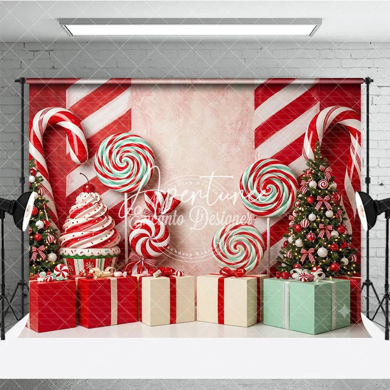 Aperturee - Aperturee Red and White Candy Cane Christmas Tree Holiday Backdrop Sweet Lollipop Gift Box Party Decor