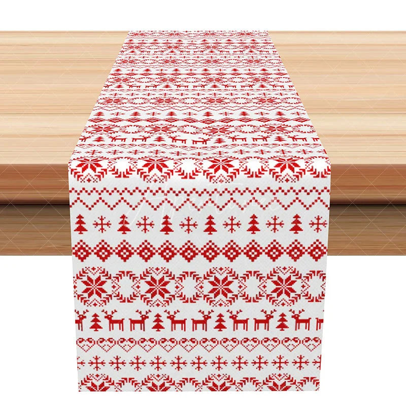 Aperturee - Aperturee Red and White Christmas Fair Isle Table Runner Nordic Snowflake and Reindeer Holiday Dining Decor