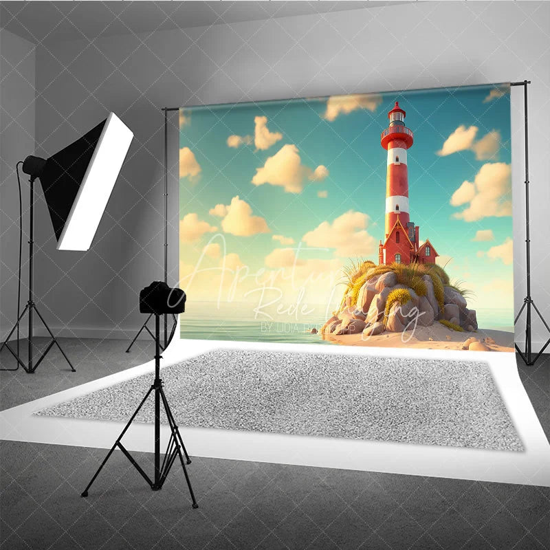Aperturee - Aperturee Red and White Lighthouse Summer Photography Backdrop Ocean Rocks and Clouds Studio Background