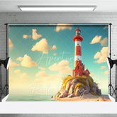 Aperturee - Aperturee Red and White Lighthouse Summer Photography Backdrop Ocean Rocks and Clouds Studio Background