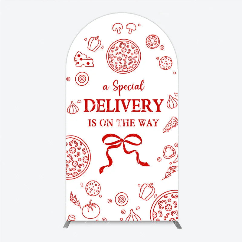 Aperturee - Aperturee Red and White Pizza Delivery Round Top Arch Backdrop Fun Baby Shower Birthday Party Decor.