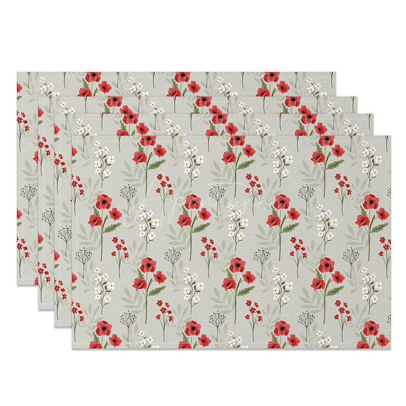 Aperturee - Aperturee Red and White Repeating Floral Placemats Set of 4 for Classic Farmhouse Kitchen and Dining Table Decor