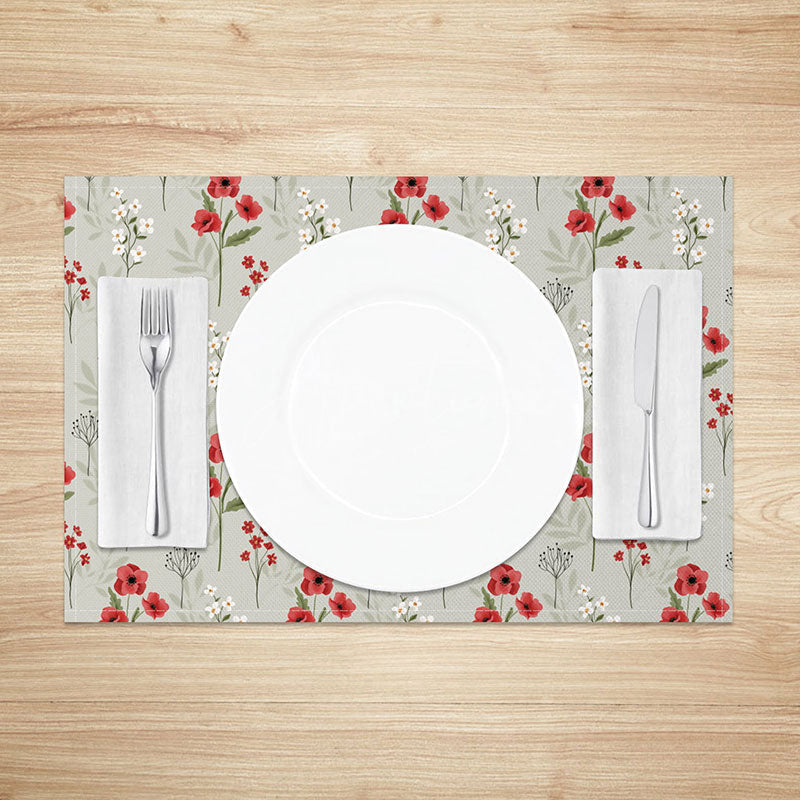 Aperturee - Aperturee Red and White Repeating Floral Placemats Set of 4 for Classic Farmhouse Kitchen and Dining Table Decor