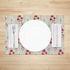 Aperturee - Aperturee Red and White Repeating Floral Placemats Set of 4 for Classic Farmhouse Kitchen and Dining Table Decor