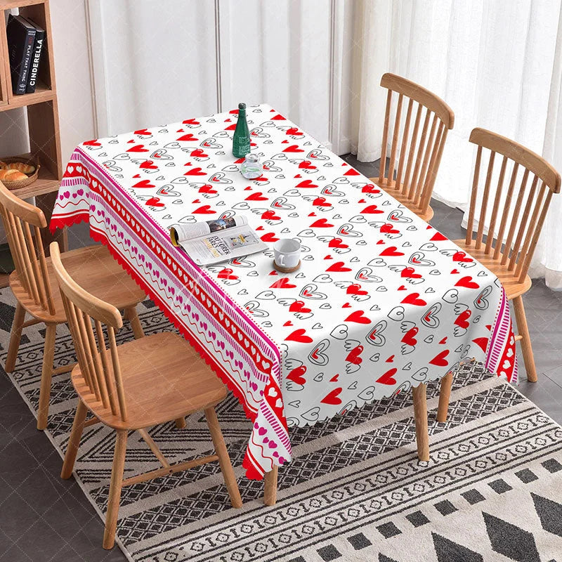 Aperturee - Aperturee Red and White Sketch Heart Rectangle Tablecloth Cute Love Doodle Border Romantic Valentine Kitchen Decor