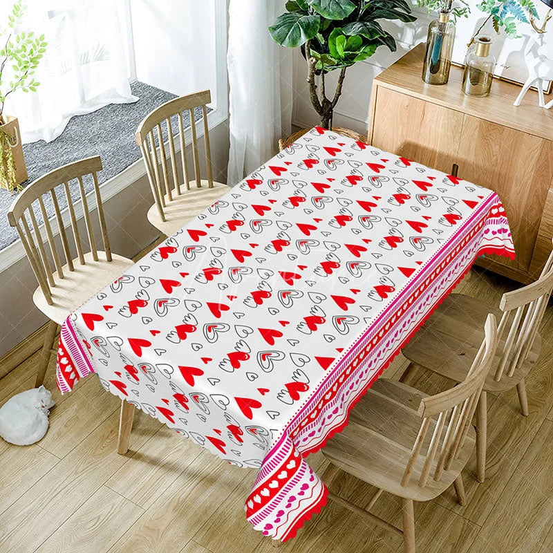 Aperturee - Aperturee Red and White Sketch Heart Rectangle Tablecloth Cute Love Doodle Border Romantic Valentine Kitchen Decor