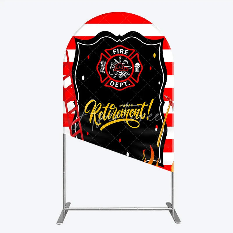 Aperturee - Aperturee Red and White Striped Fire Rescue Happy Retirement Arch Backdrop Heroic Celebration Party Decor with Flames