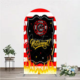 Aperturee - Aperturee Red and White Striped Fire Rescue Happy Retirement Arch Backdrop Heroic Celebration Party Decor with Flames