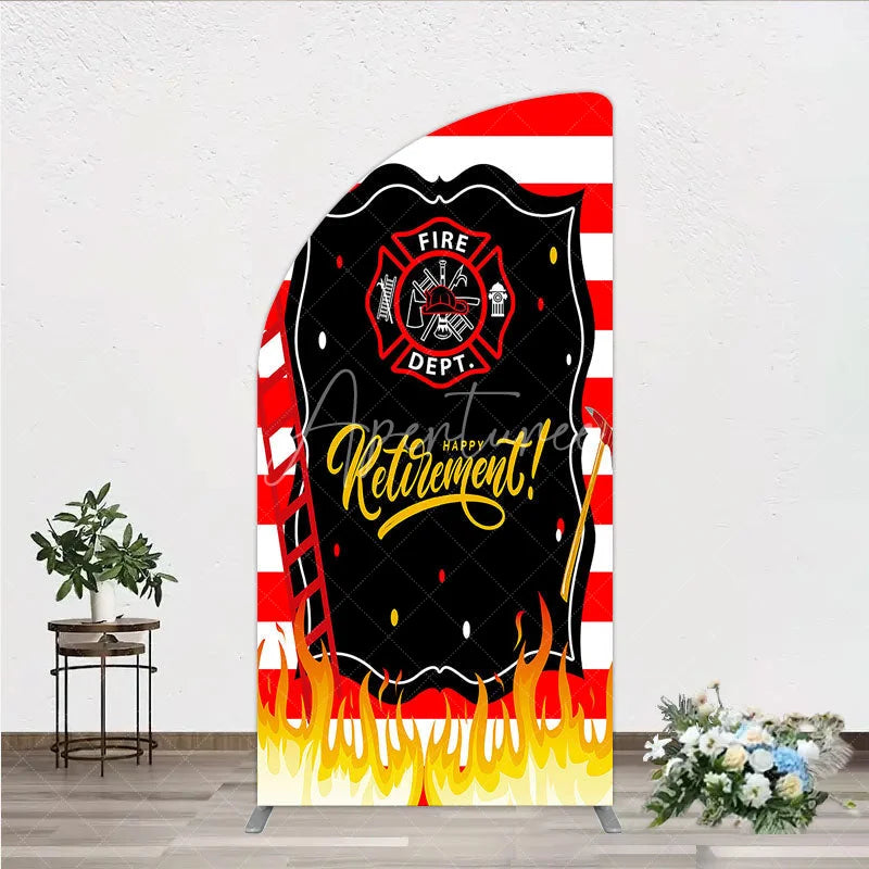Aperturee - Aperturee Red and White Striped Fire Rescue Happy Retirement Half Moon Arch Backdrop Heroic Celebration Party Decor with Flames
