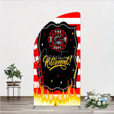 Aperturee - Aperturee Red and White Striped Fire Rescue Happy Retirement Half Moon Arch Backdrop Heroic Celebration Party Decor with Flames