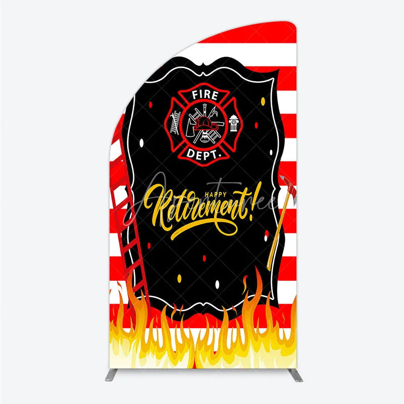 Aperturee - Aperturee Red and White Striped Fire Rescue Happy Retirement Half Moon Arch Backdrop Heroic Celebration Party Decor with Flames