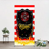 Aperturee - Aperturee Red and White Striped Fire Rescue Happy Retirement Rectangle Backdrop Heroic Celebration Party Decor with Flames