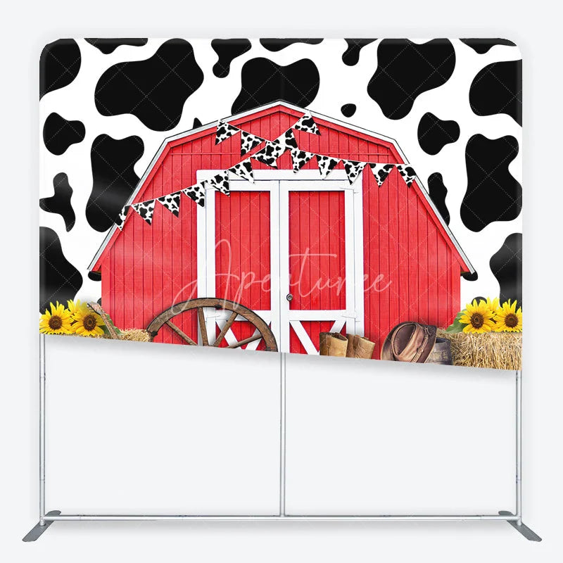 Aperturee - Aperturee Red Barn and Cow Print Square Double-Sided Backdrop Rustic Farm Western Party Decor