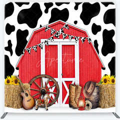 Aperturee - Aperturee Red Barn and Cow Print Square Double-Sided Backdrop Rustic Farm Western Party Decor