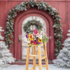 Aperturee - Aperturee Red Barn White Door Christmas Backdrop Snowy Tree Farmhouse Photography Background