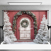 Aperturee - Aperturee Red Barn White Door Christmas Backdrop Snowy Tree Farmhouse Photography Background