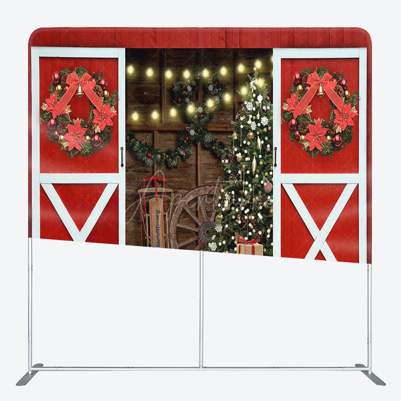 Aperturee - Aperturee Red Barn Wood Door Christmas Tension Fabric Backdrop