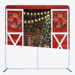 Aperturee - Aperturee Red Barn Wood Door Christmas Tension Fabric Backdrop