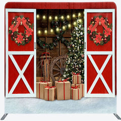 Aperturee - Aperturee Red Barn Wood Door Christmas Tension Fabric Backdrop
