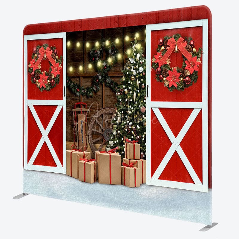 Aperturee - Aperturee Red Barn Wood Door Christmas Tension Fabric Backdrop