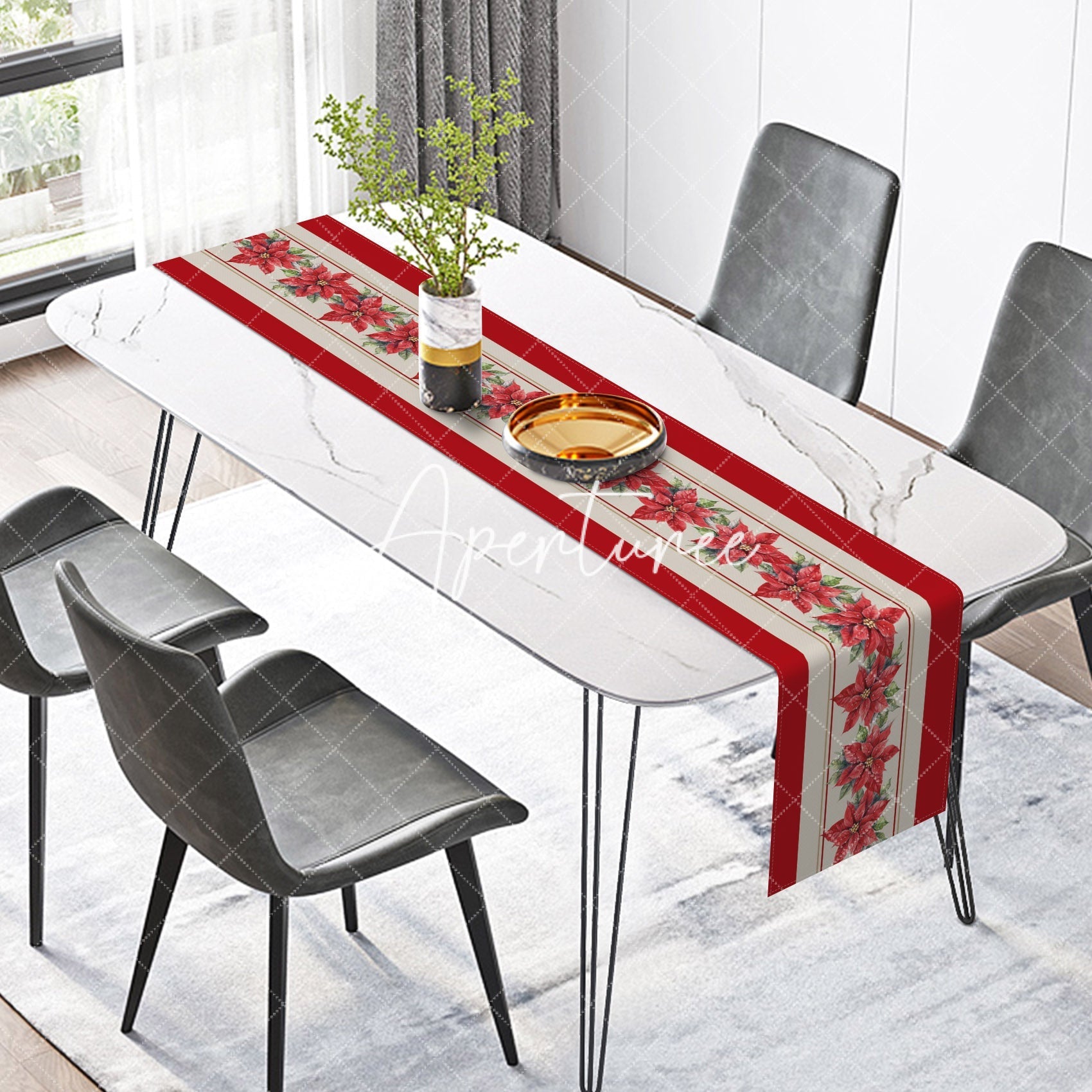 Aperturee - Aperturee Red Beige Stripe Poinsettia Christmas Table Runner