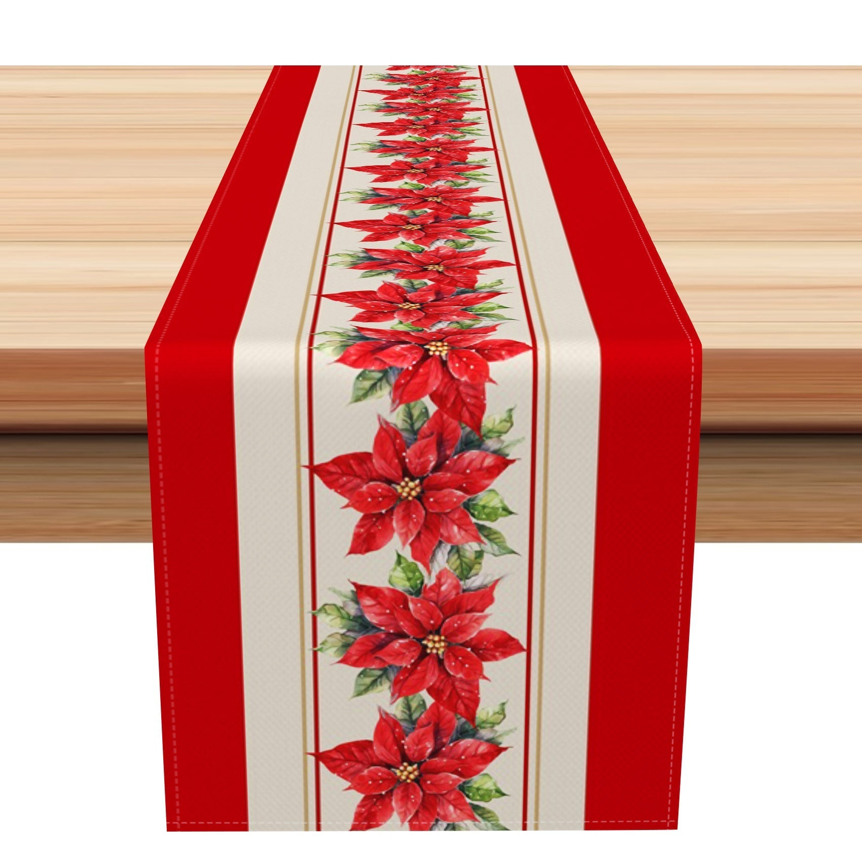 Aperturee - Aperturee Red Beige Stripe Poinsettia Christmas Table Runner
