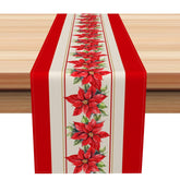 Aperturee - Aperturee Red Beige Stripe Poinsettia Christmas Table Runner