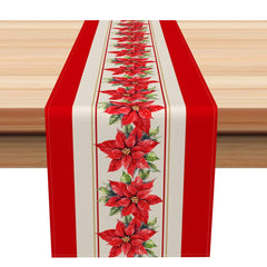 Aperturee - Aperturee Red Beige Stripe Poinsettia Christmas Table Runner