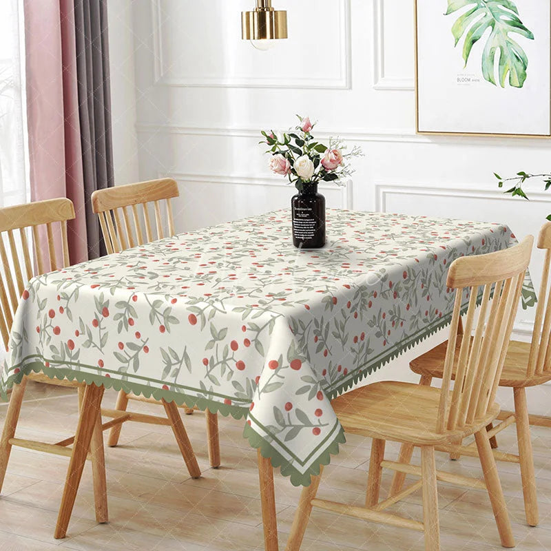 Aperturee - Aperturee Red Berries Green Leaves Pattern Rectangle Tablecloth Rustic Botanical Dining Room Decor Washable Kitchen Table Cover