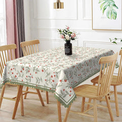 Aperturee - Aperturee Red Berries Green Leaves Pattern Rectangle Tablecloth Rustic Botanical Dining Room Decor Washable Kitchen Table Cover