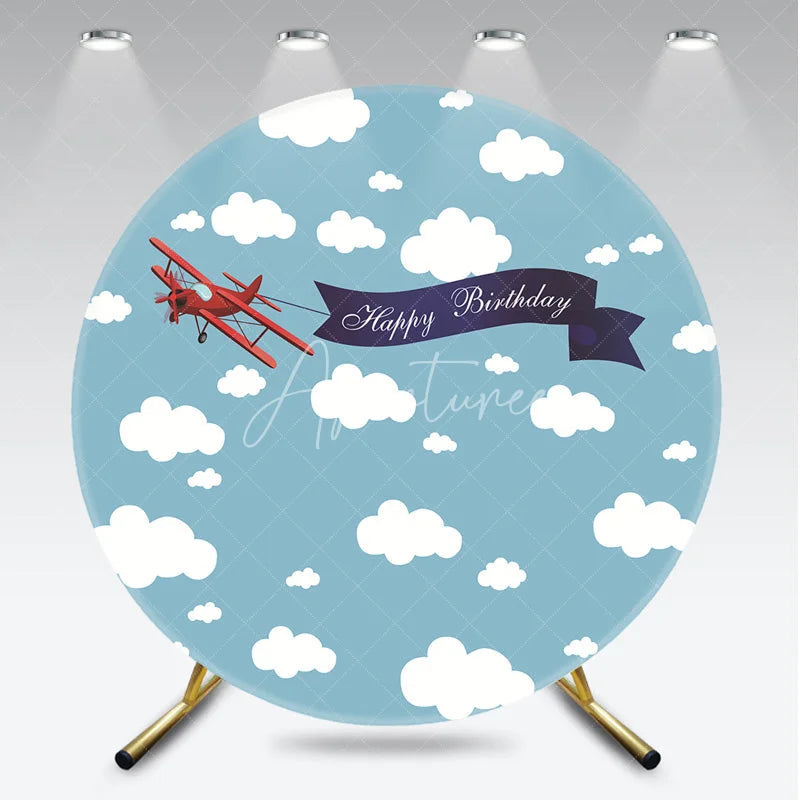 Aperturee - Aperturee Red Biplane with Happy Birthday Banner Round Backdrop Blue Sky and White Clouds Aviation Party Decor