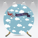 Aperturee - Aperturee Red Biplane with Happy Birthday Banner Round Backdrop Blue Sky and White Clouds Aviation Party Decor