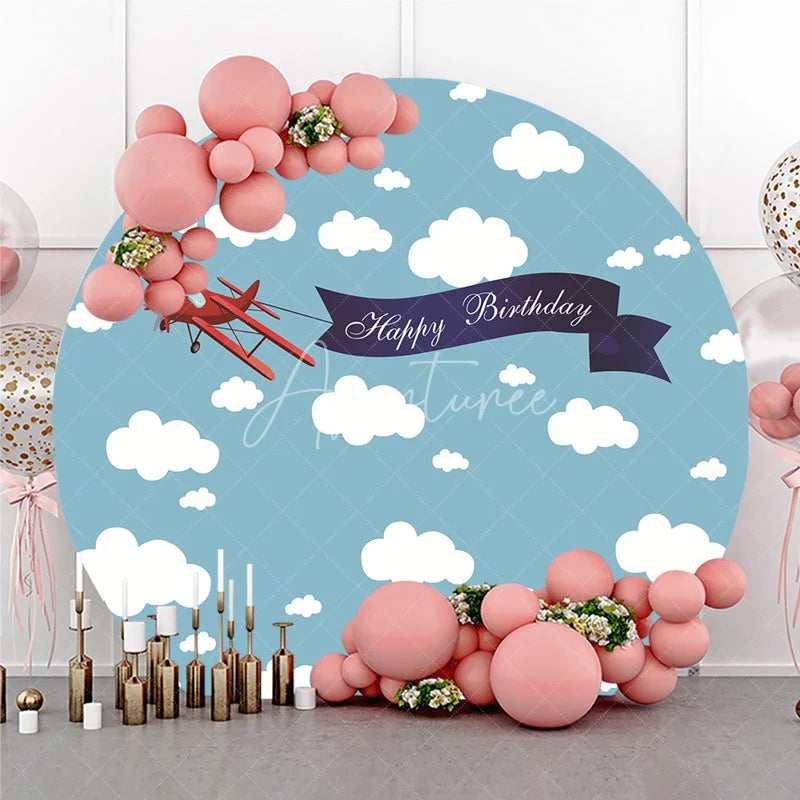 Aperturee - Aperturee Red Biplane with Happy Birthday Banner Round Backdrop Blue Sky and White Clouds Aviation Party Decor