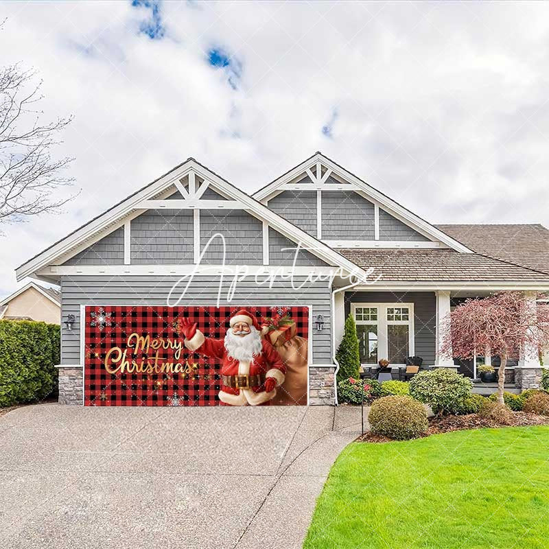 Aperturee - Aperturee Red Black Plaid Santa Christmas Garage Door Banner