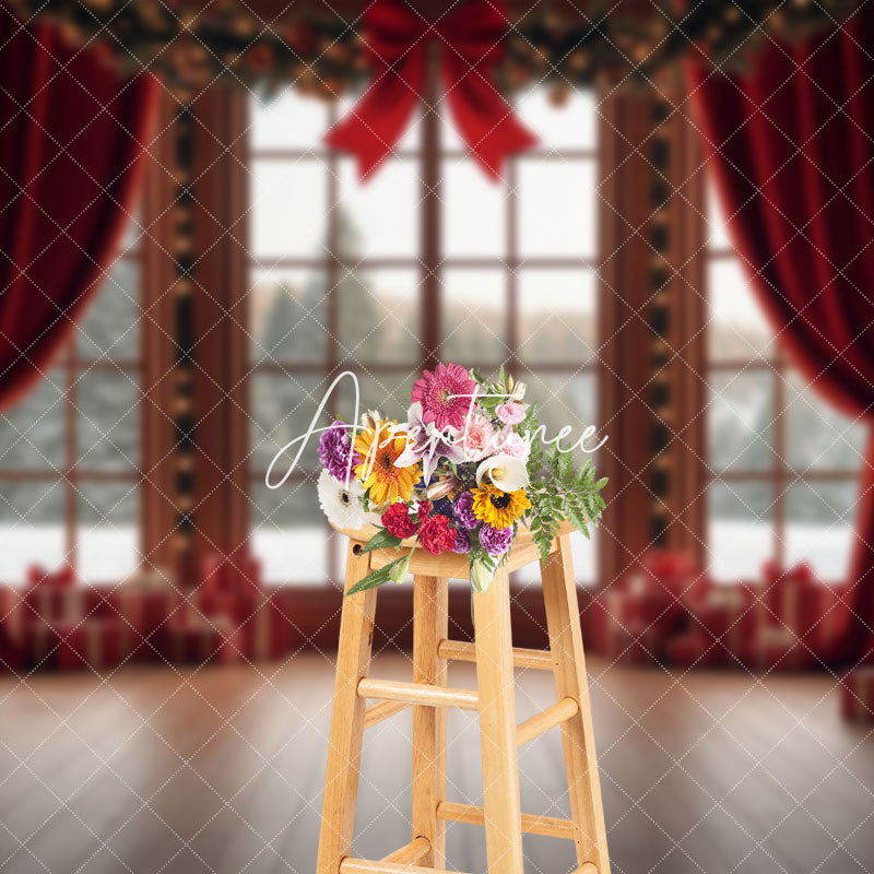 Aperturee - Aperturee Red Bowknot Curatin Window Winter Christmas Backdrop