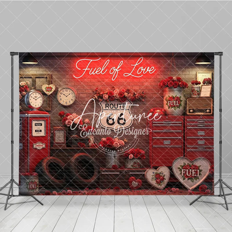 Aperturee - Aperturee Red Brick Wall Fuel of Love Neon Sign Vintage Garage Photography Backdrop Route 66 Valentine’s Day Party