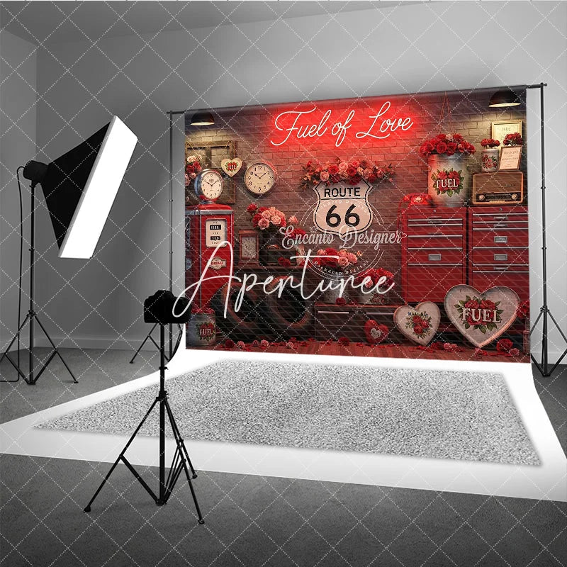 Aperturee - Aperturee Red Brick Wall Fuel of Love Neon Sign Vintage Garage Photography Backdrop Route 66 Valentine’s Day Party