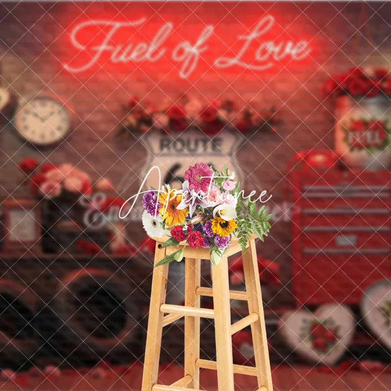 Aperturee - Aperturee Red Brick Wall Fuel of Love Neon Sign Vintage Garage Photography Backdrop Route 66 Valentine’s Day Party