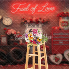 Aperturee - Aperturee Red Brick Wall Fuel of Love Neon Sign Vintage Garage Photography Backdrop Route 66 Valentine’s Day Party
