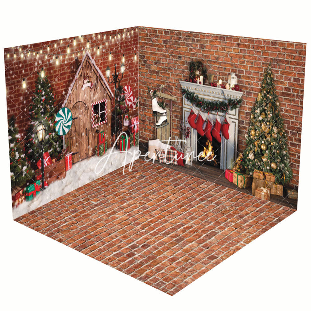 Aperturee - Aperturee Red Bricks Wall Festive Christmas Room Set Backdrop