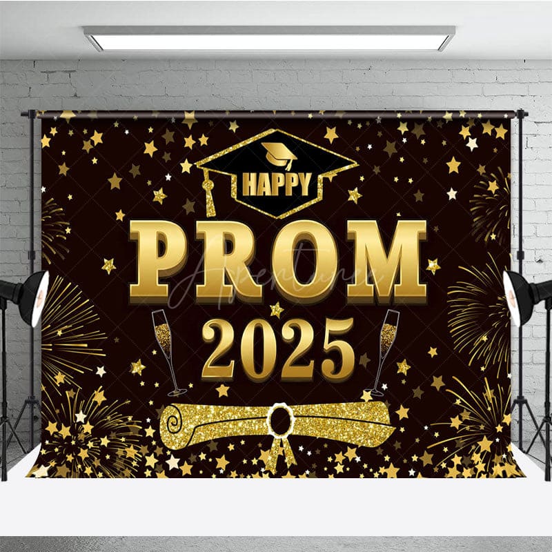 Aperturee - Aperturee Red Brown Gold Stars Happy Prom 2025 Grad Backdrop